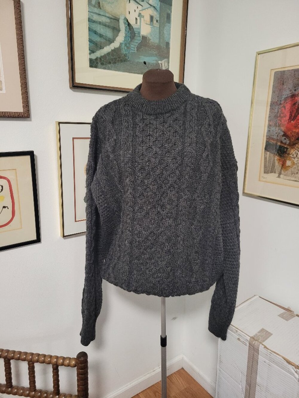 Fia Men's Aran Knit Steel Grey Sweater Made in Ireland Size XL